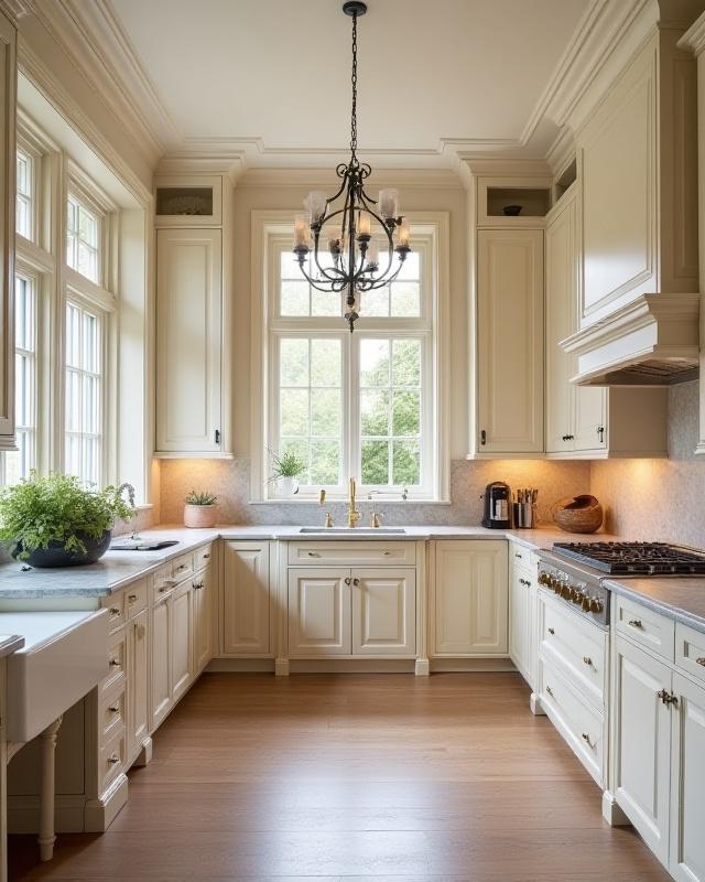 Elegant herskapelig kjøkken med håndmalt treverk og marmorbenkeplate i Oslo