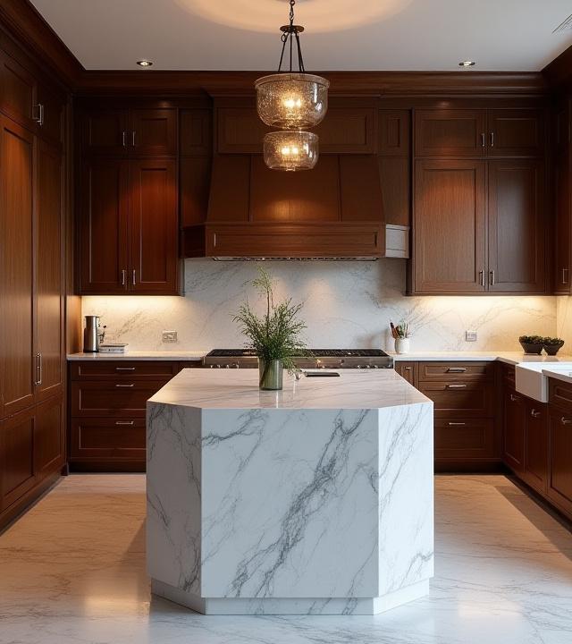 Tidløst herregårdskjøkken med oljert valnøtt og marmorbenk på Bygdøy