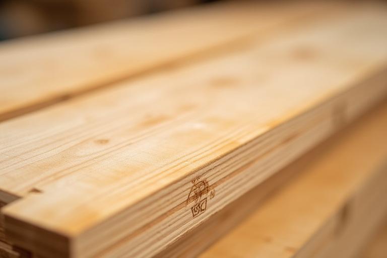 Nært bilde av en stabel med bærekraftig sertifisert treverk som brukes til kjøkkenmøbler.