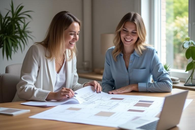 Interiørdesigner som ser på plantegninger med kunde