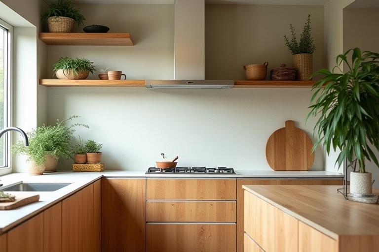 Moderne kjøkken med fokus på bærekraftige materialer som resirkulert tre og naturstein